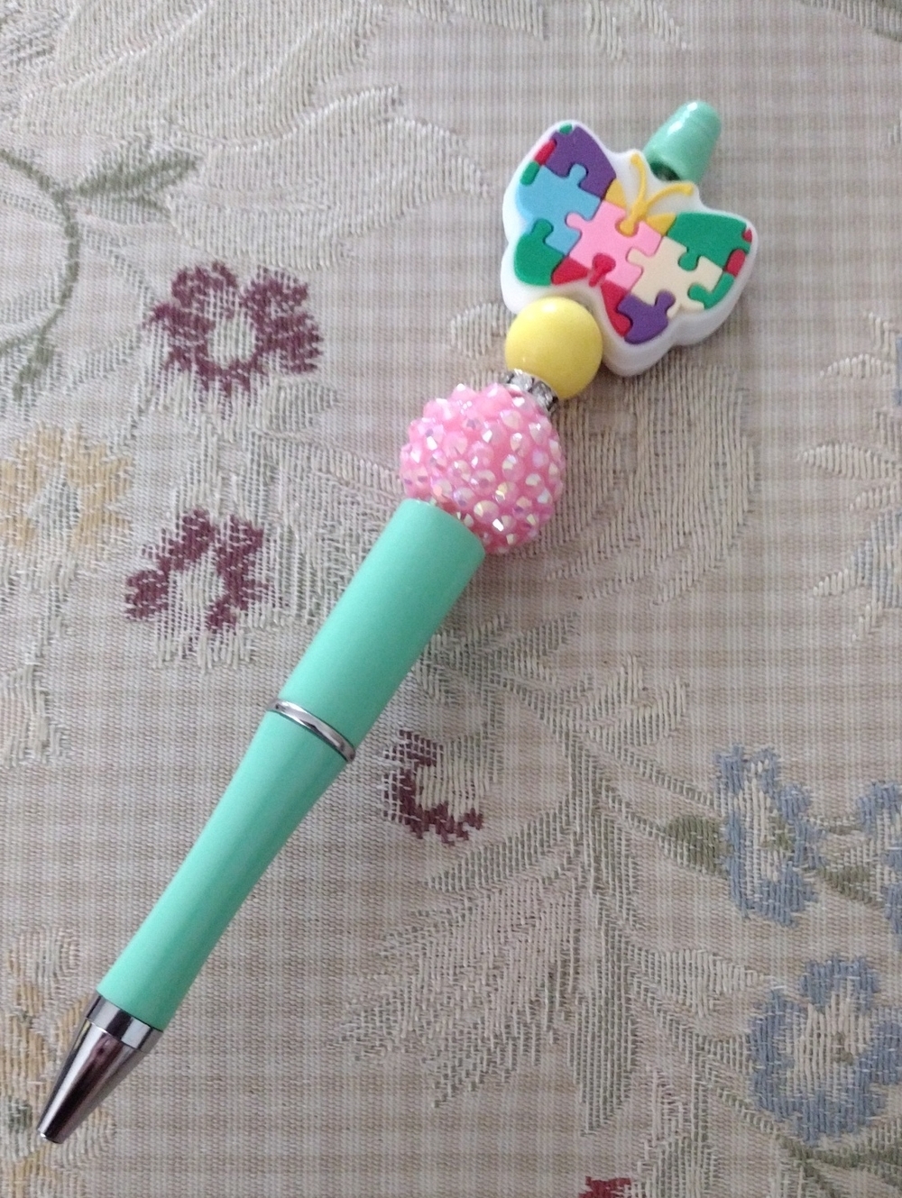 Mint Green Butterfly Autism Awareness Bead Pen - Picture 1 of 2